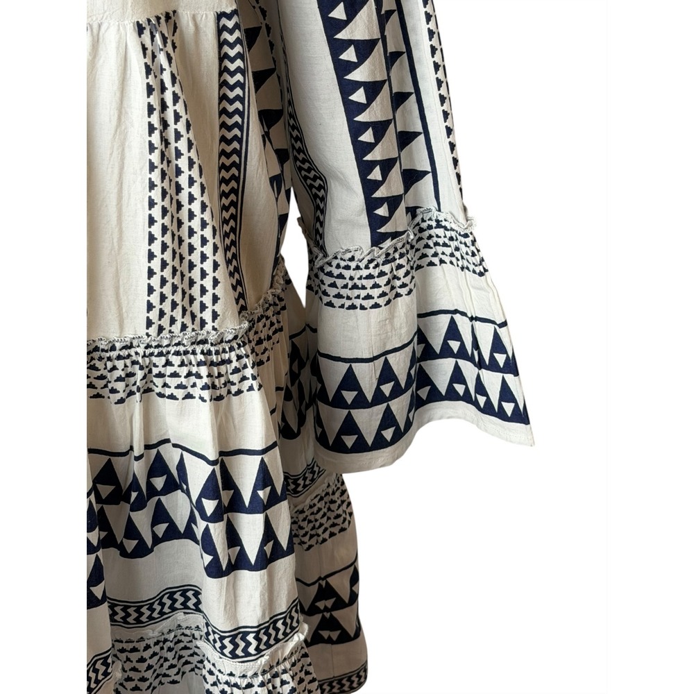 Bindu Anthropologie Geometric Tribal Tiered Mini Dress Women Medium Blue White - Picture 5 of 11